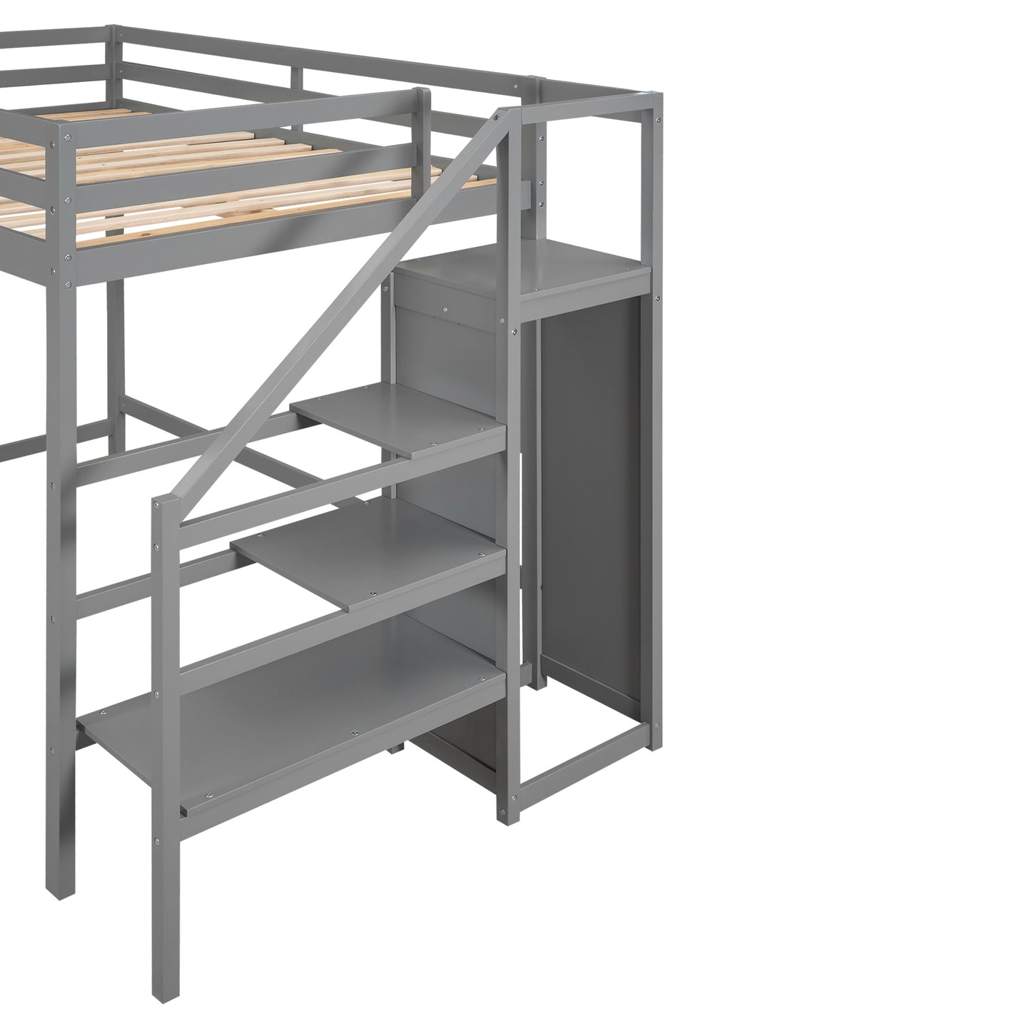 Full Size Loft Bed with Built-in Storage Wardrobe and Staircase,Gray