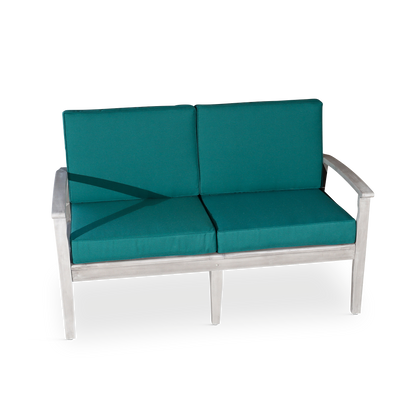 Eucalyptus Loveseat with Cushions, Silver Gray Finish, Dark Green Cushions