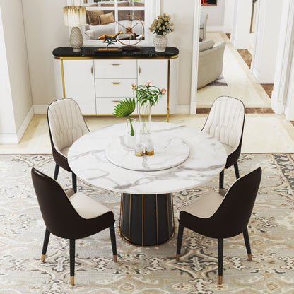 Modern White Round Marble Tabletop Dining Table with Lazy Susan, Black and Gold Leg, Dining Room Table, 59"