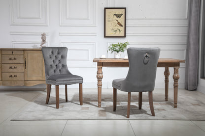 Upholstered Button Tufted Back Gray Velvet Dining Chair with Nailhead Trim and Solid Wood Legs 2 Sets