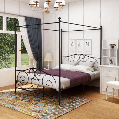 Canopy Metal Bed Frame with Vintage Style Headboard & Footboard ，Easy DIY Assembly All Parts Included, Queen Black（same as W84036133）