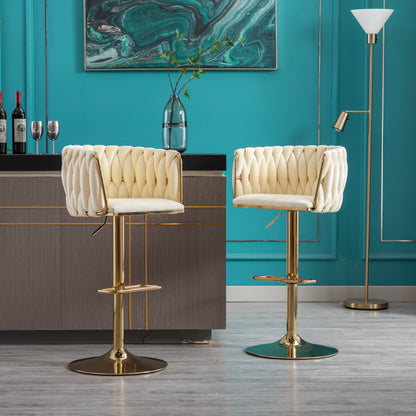 Set of 2 Bar Stools,with Chrome Footrest and Base Swivel Height Adjustable Mechanical Lifting Velvet + Golden Leg Simple Bar Stoo,Ivory