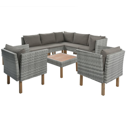 GO 9-Piece Outdoor Patio Garden Wicker Sofa Set, Gray PE Rattan Sofa Set, with Wood Legs, Acacia Wood Tabletop, Armrest Chairs with Gray Cushions