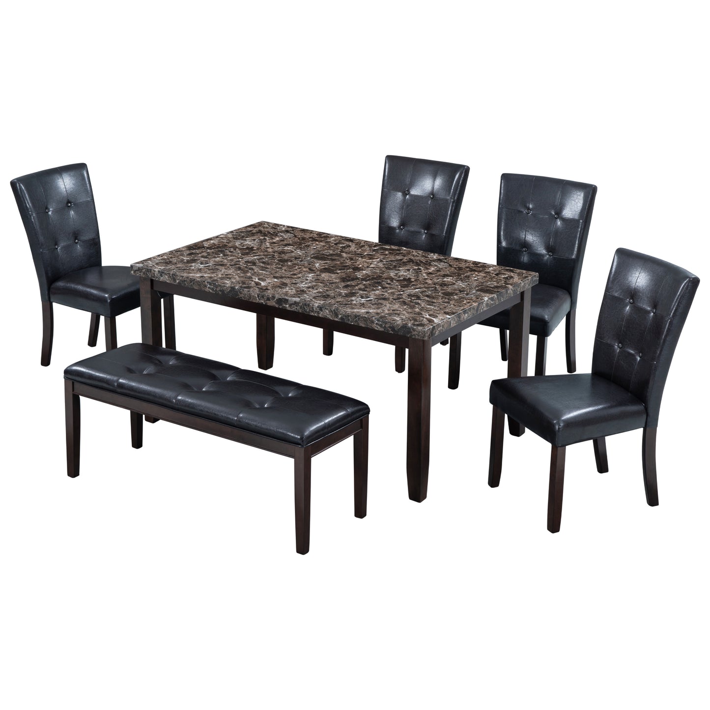 6-piece Faux Marble Dining Table Set  with one Faux Marble Dining Table ,4 Chairs and 1 Bench, Table: 66”x38”x 30”,Chair: 20.2”x28.5”x39”, Black