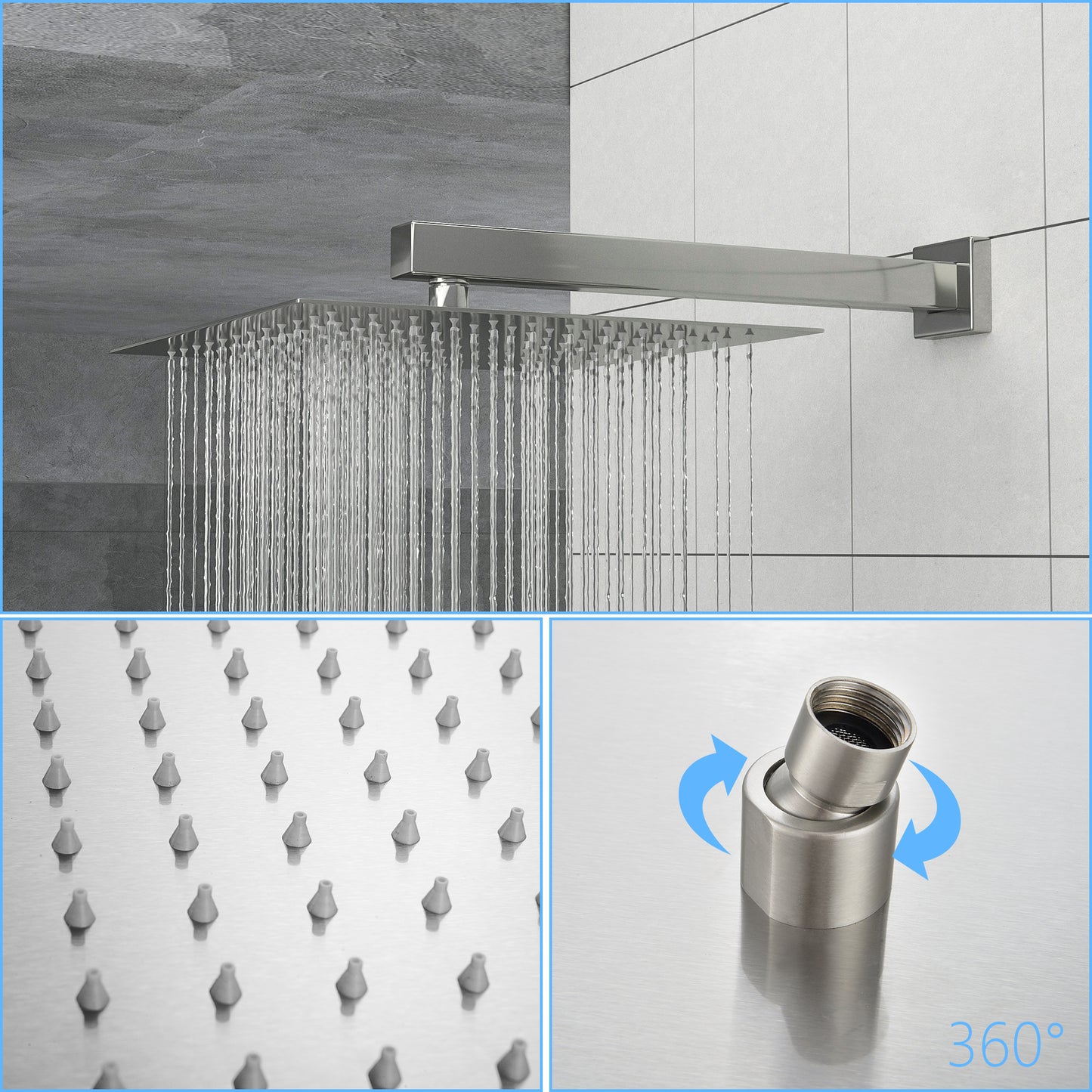 10" Rain Shower Head Systems, Brushed Nickel,Wall Mounted shower