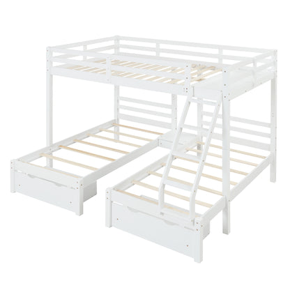 Solid Wood Full over  Twin & Twin Bunk Bed with 3 Storage Drawers, White (96.8”x79”x68.3”)