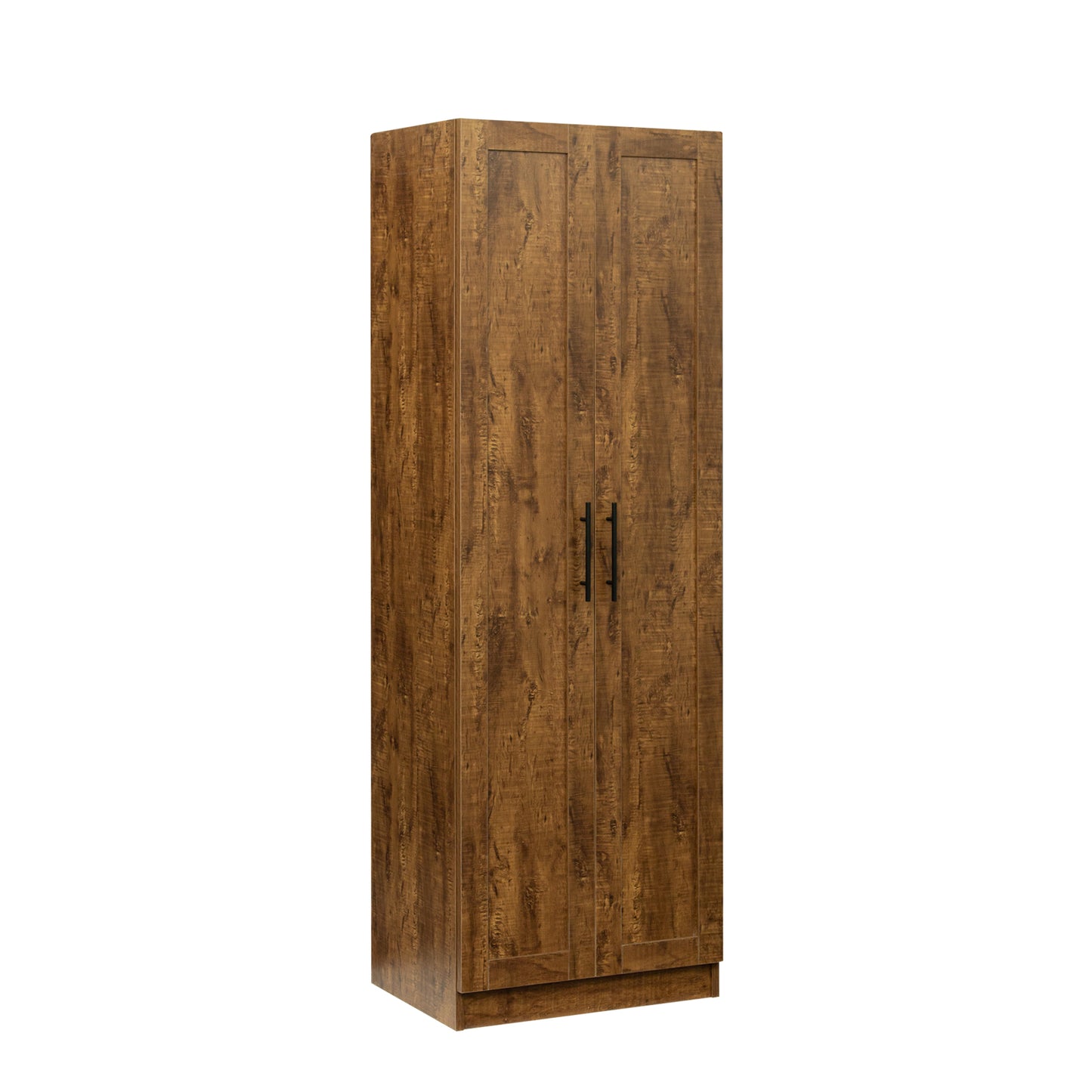 High wardrobe and kitchen cabinet with 2 doors and 3 partitions to separate 4 storage spaces, walnut