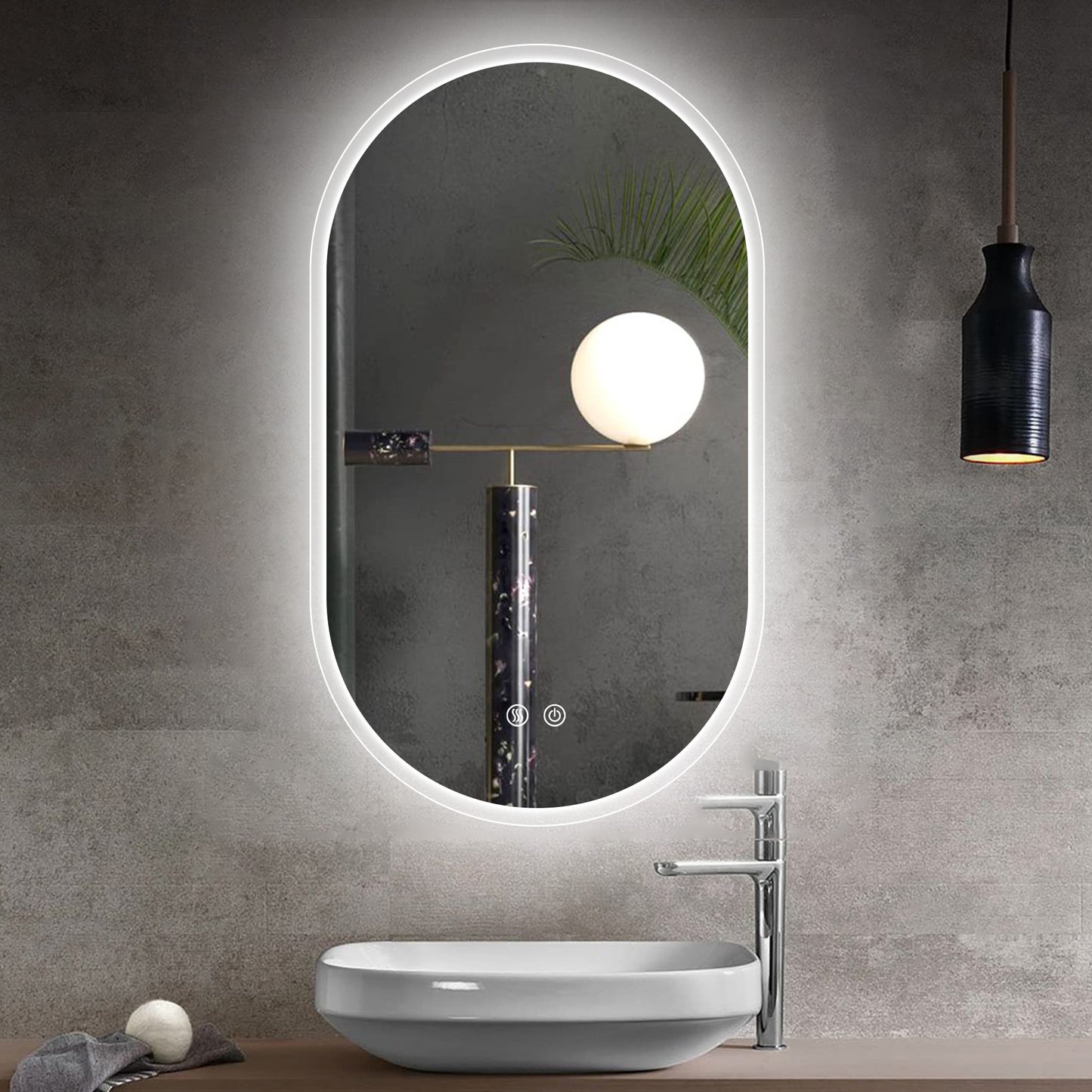 36X24 Inch Bathroom Mirror with Lights, Anti Fog Dimmable LED Mirror for Wall Touch Control, Frameless Oval Smart Vanity Mirror Vertical Hanging
