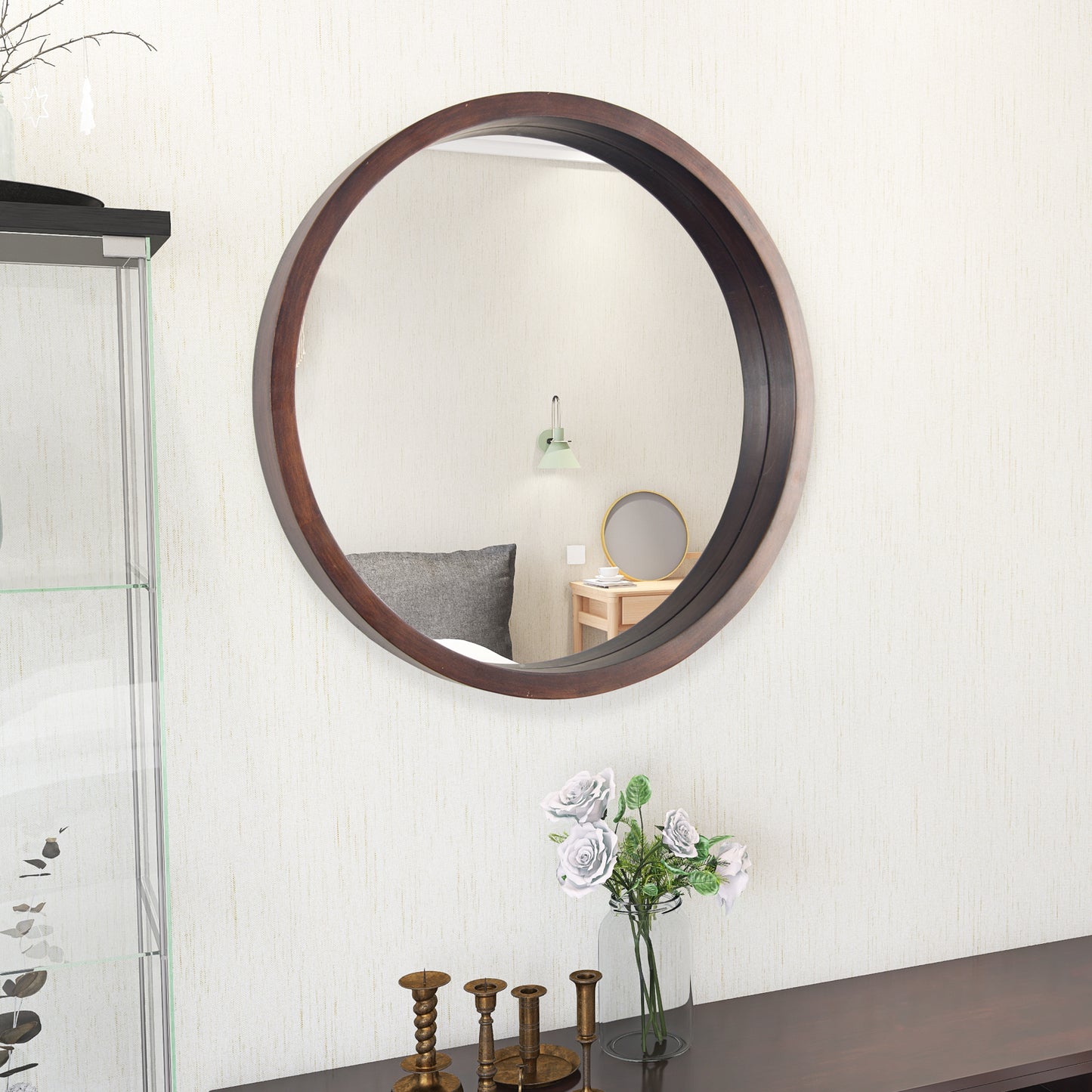 Circle Mirror with Wood Frame, Round Modern Decoration Large Mirror for Bathroom Living Room Bedroom Entryway, Walnut Brown, 24"