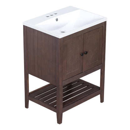 [VIDEO] 24" Brown Modern Sleek Bathroom Vanity Elegant Ceramic Sink with Solid Wood Frame Open Style Shelf