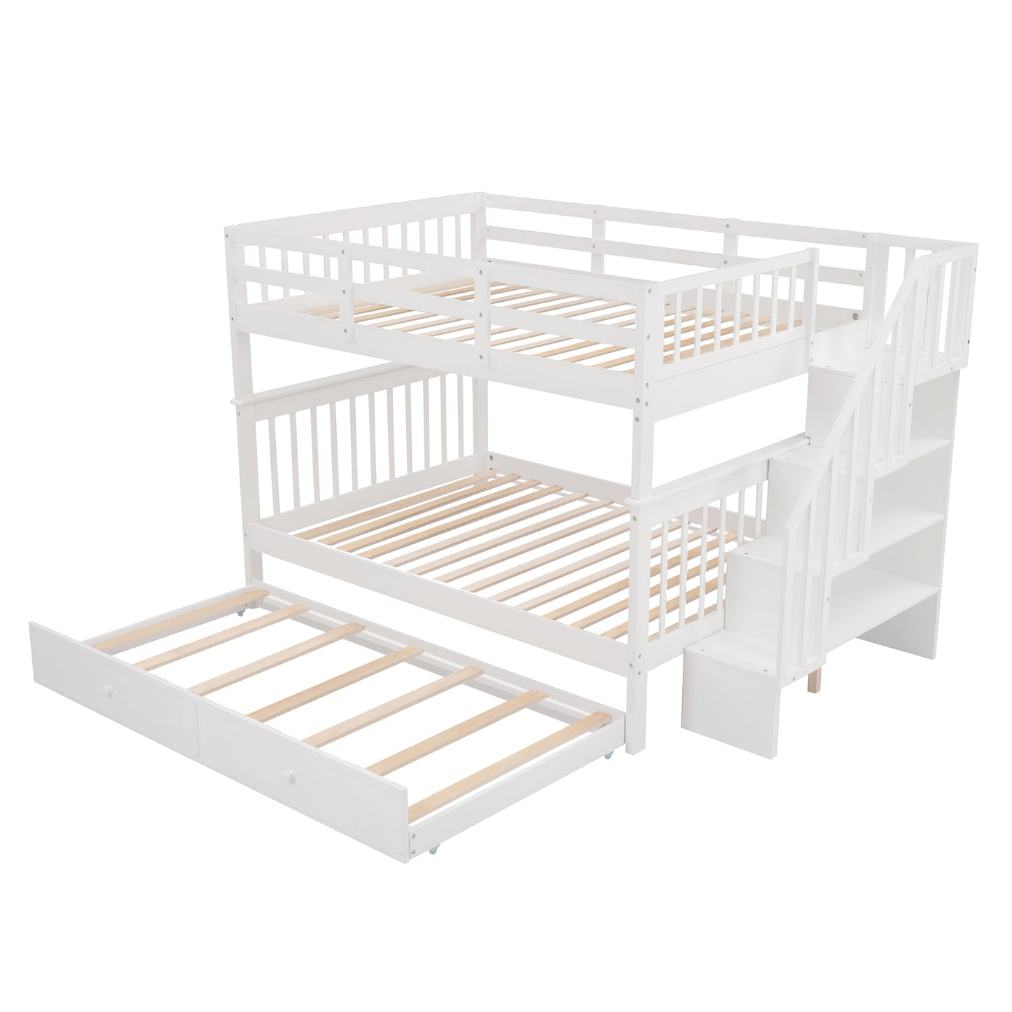 Stairway Full-Over-Full Bunk Bed with Twin size Trundle, Storage and Guard Rail for Bedroom, Dorm - White(OLD SKU :LP001210AAK)