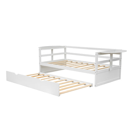 Twin Size Daybed with Trundle and Foldable Shelves on Both Sides,White