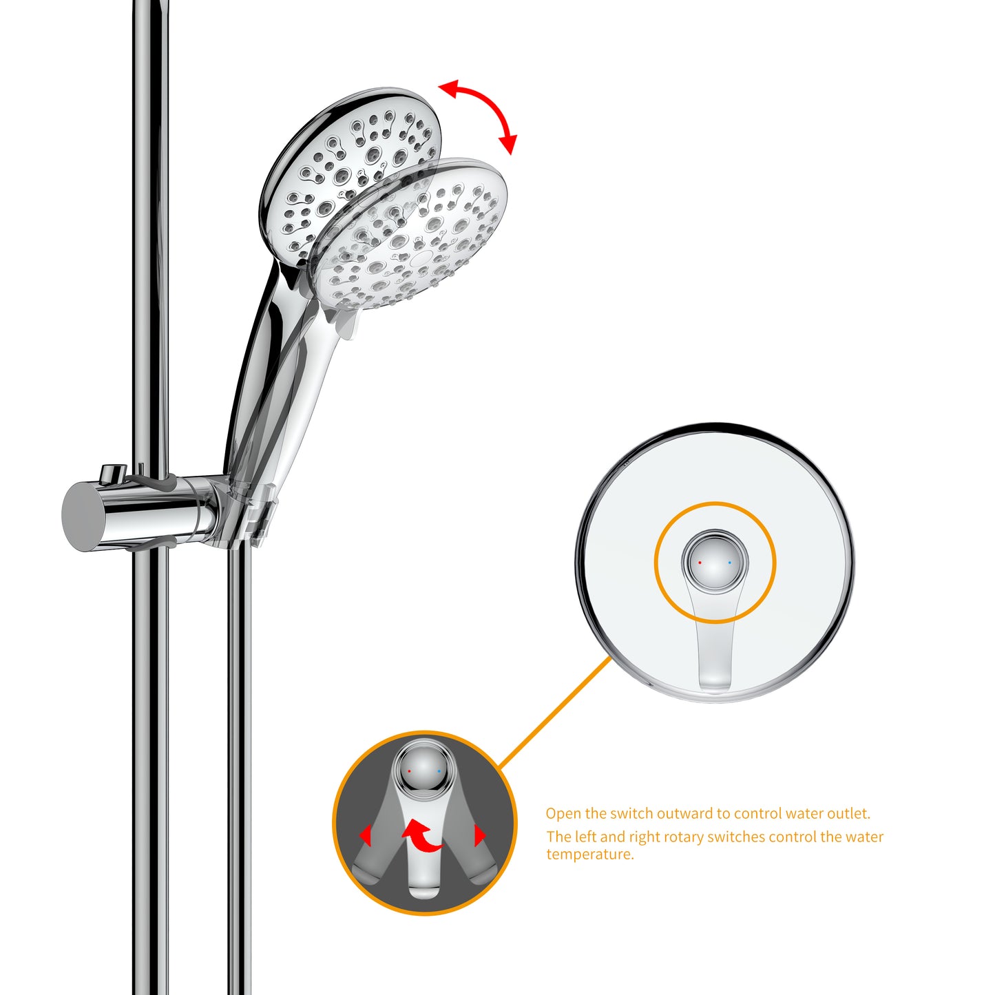 Large Amount of water Multi Function Shower Head - Shower System with 4." Rain Showerhead, 6-Function Hand Shower, Simple Style,With Storage Hook, Chrome