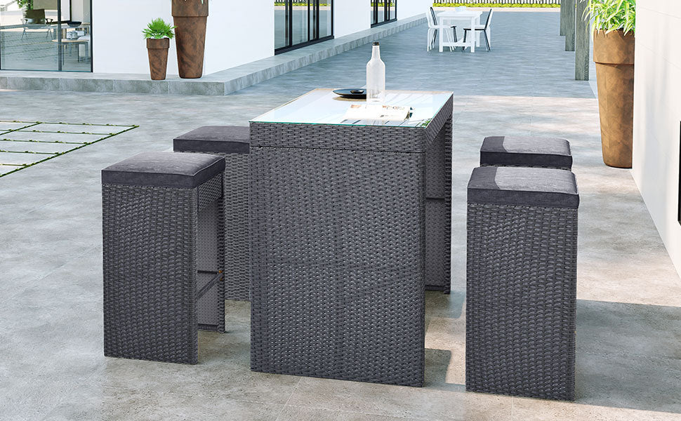 Topmax 5-piece Rattan Outdoor Patio Furniture Set Bar Dining Table Set with 4 Stools, Gray Cushion+Gray Wicker