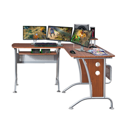 Techni Mobili Deluxe L-Shaped Computer Desk With Pull Out Keyboard Panel, Mahogany