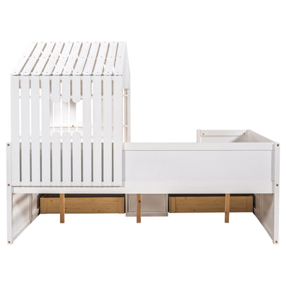 Full Size House Low Loft Bed with Four Drawers,White