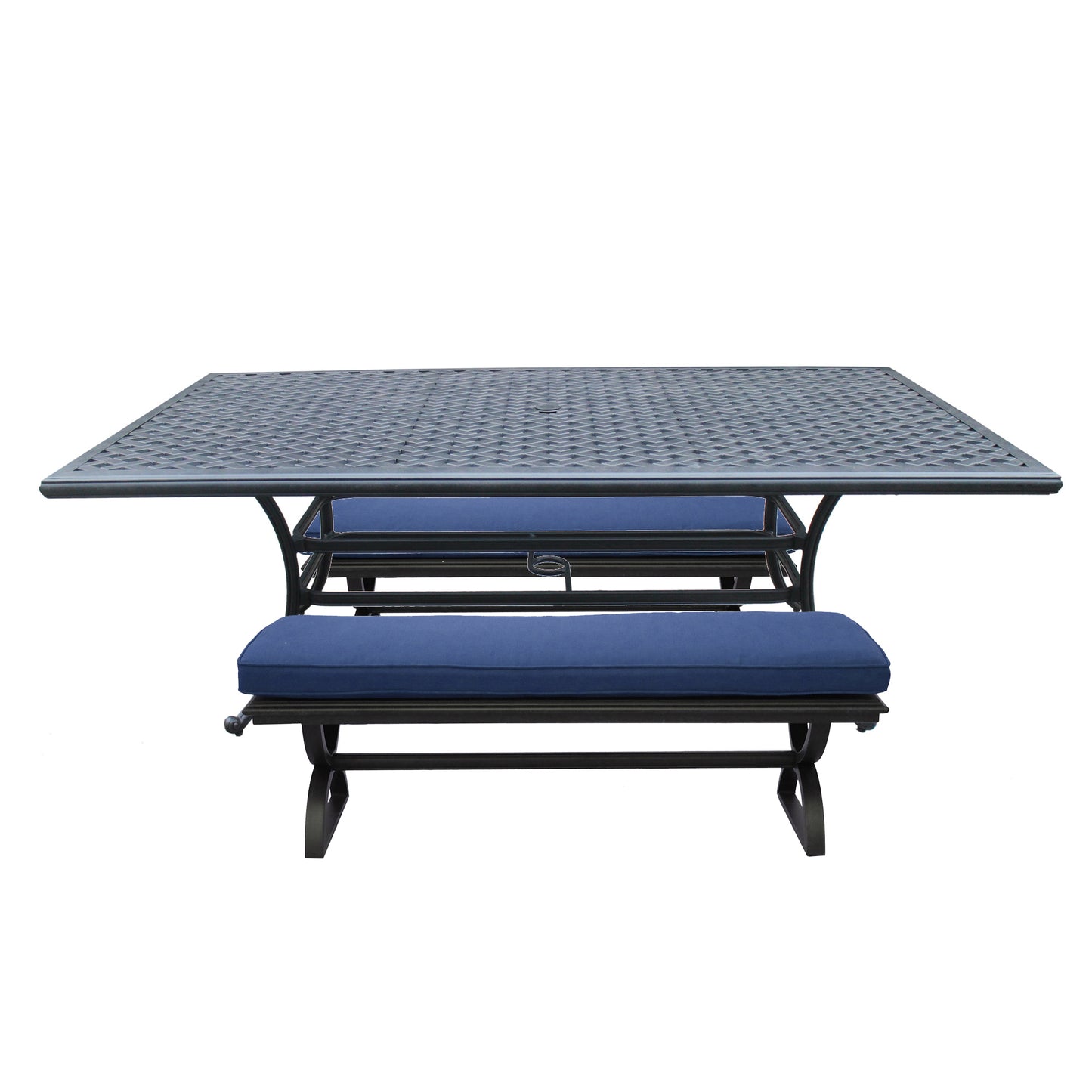 3 Piece Outdoor Aluminum Dining Set, Rectangular table and Benches, Navy Blue