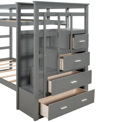 Solid Wood Bunk Bed, Hardwood Twin Over Twin Bunk Bed with Trundle and Staircase, Natural Gray Finish(Old SKU: LP000068AAE)