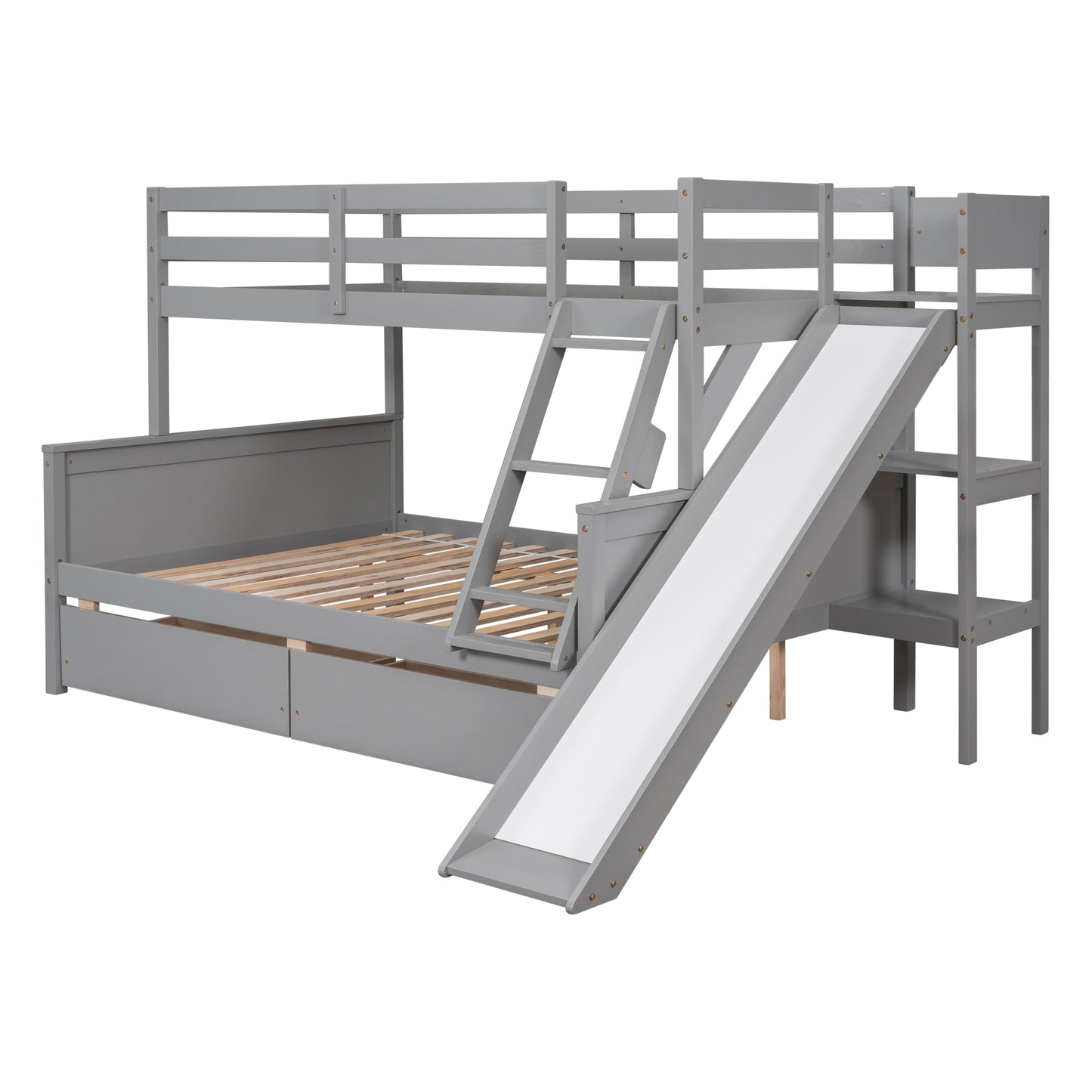 Twin over Full Bunk Bed with 2 Drawers,Slide,Shelves Gray