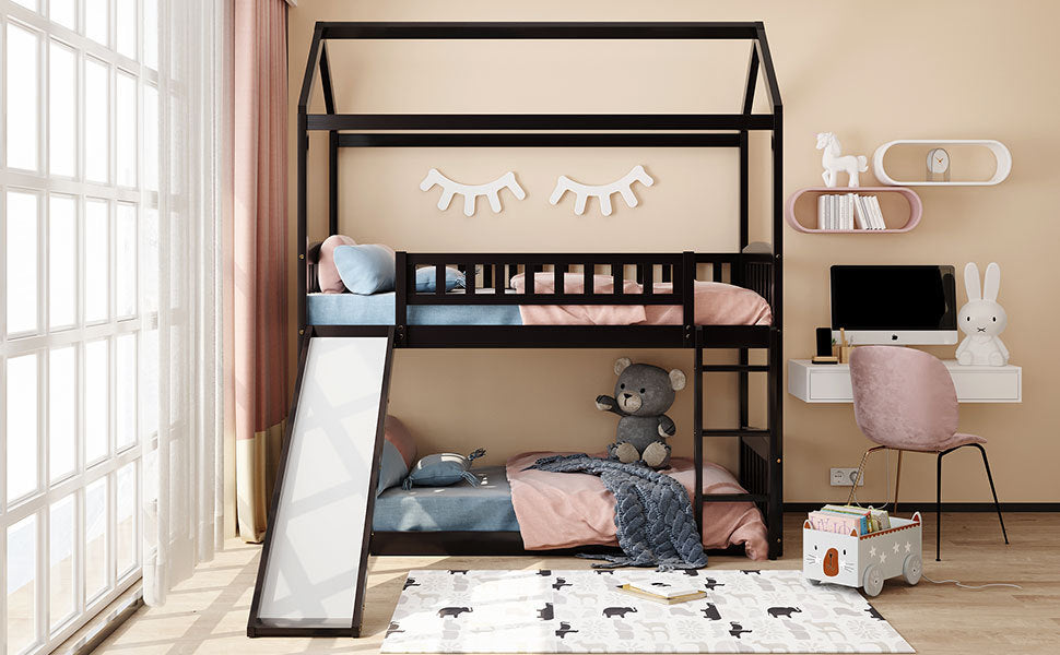 Twin Over Twin Bunk Bed with Slide, House Bed with Slide, Espresso(OLD SKU: LP000213AAP)