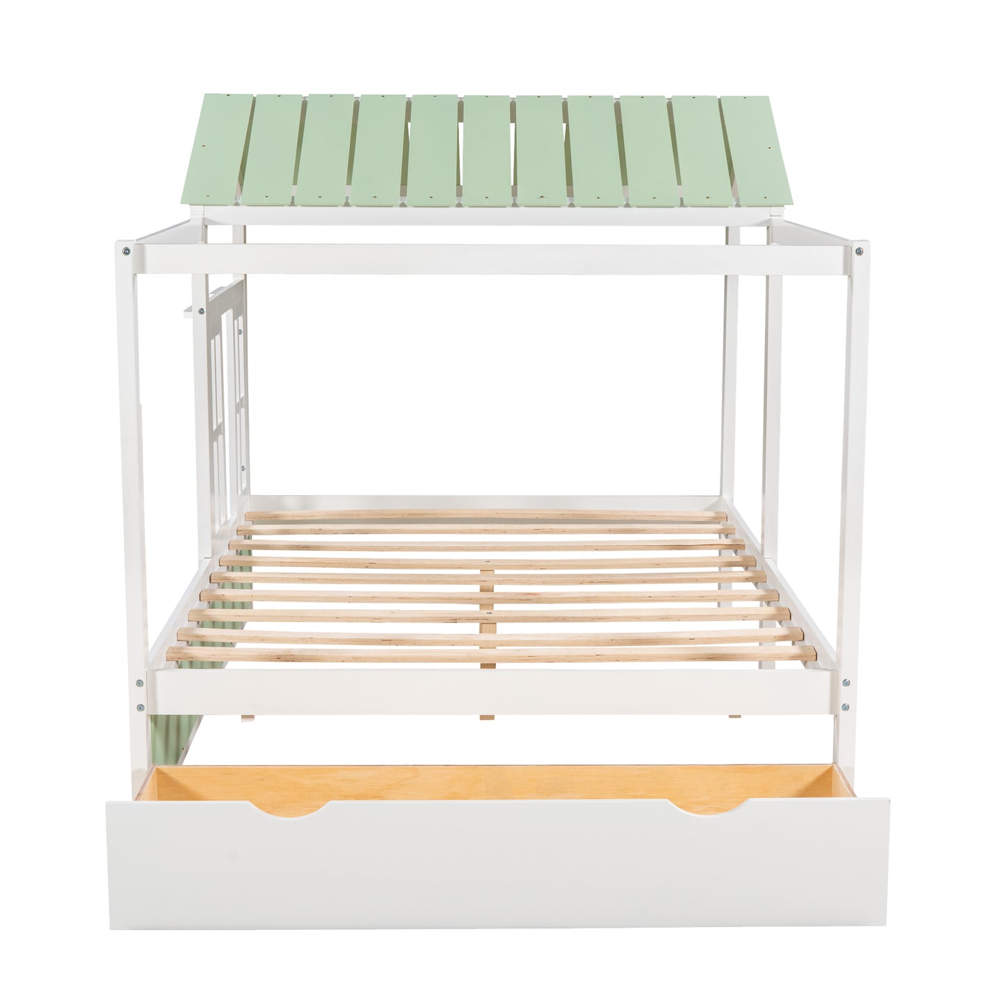 Full Size House Bed with Roof, Window and Drawer - Green + White