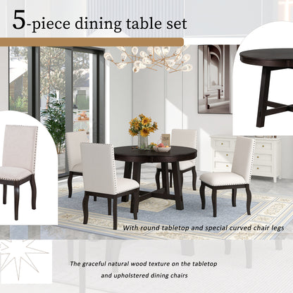 TREXM 5-Piece Farmhouse Dining Table Set Wood Round Extendable Dining Table and 4 Upholstered Dining Chairs (Espresso)