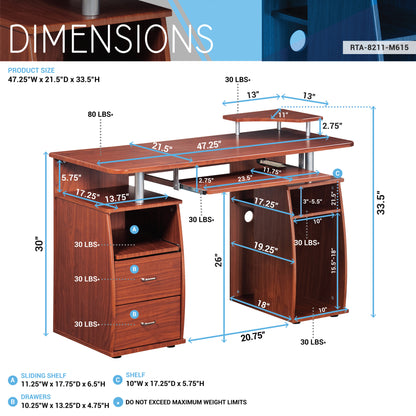 Techni Mobili Complete Computer Workstation Desk With Storage, Mahogany