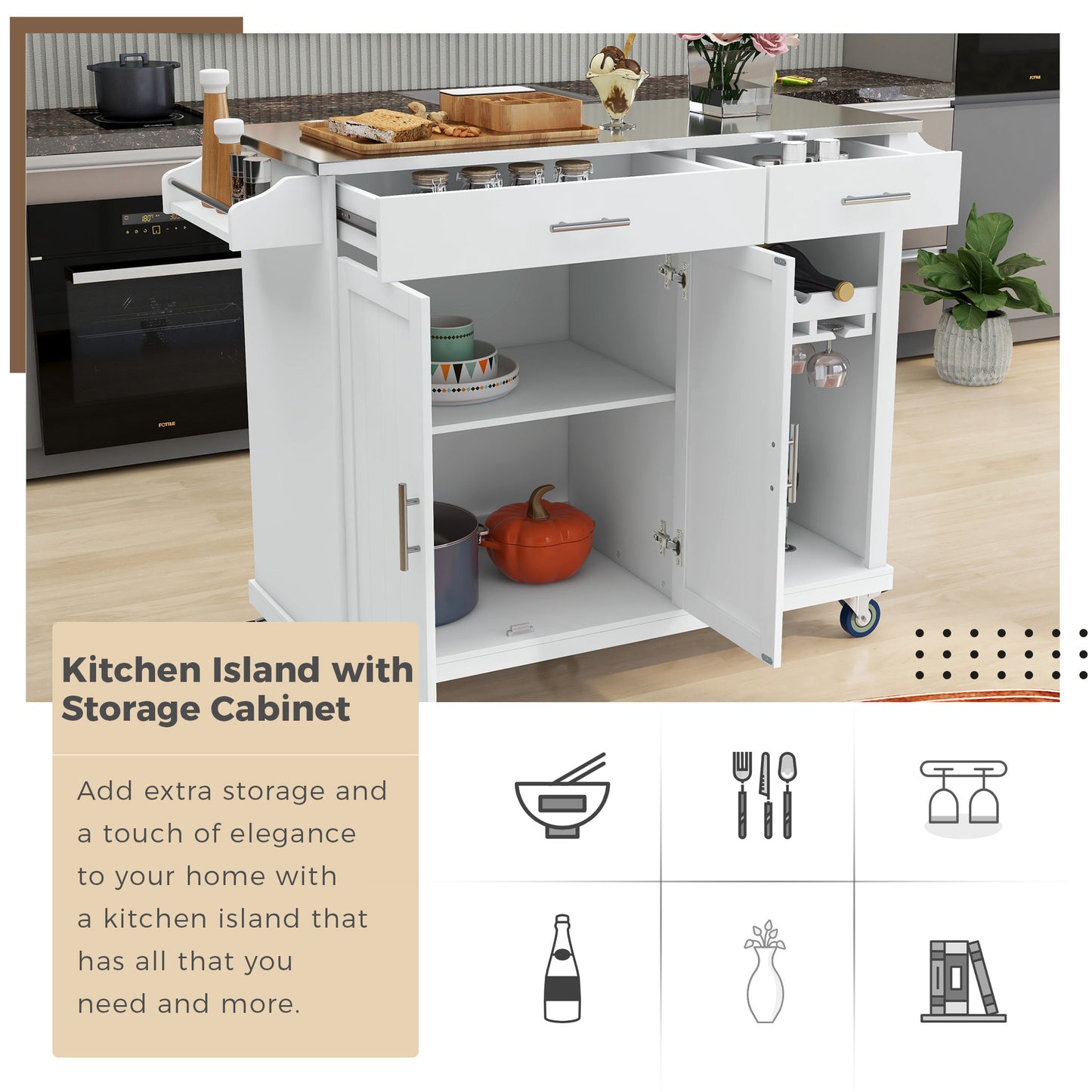 K&K Kitchen Cart with Stainless Steel Top and Storage Cabinet, Kitchen Island on Wheels with Two Drawers & Goblet Holder & Wine Rack & Spice Rack & Towel Holder, L51xW18xH37 Inches