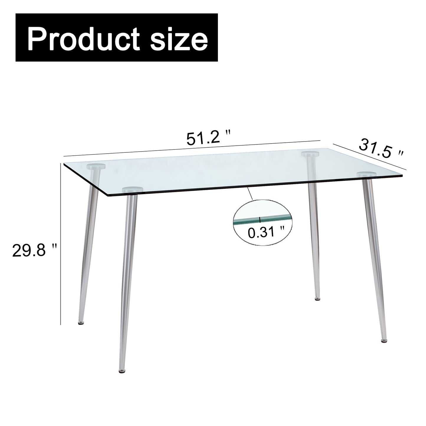 Modern Minimalist Rectangular Glass  Dining Table for 4-6 with 0.31" Tempered Glass Tabletop and Silver plating Metal Legs, Writing Table Desk, for Kitchen Dining Living Room, 51" W x 31"D x 30" H