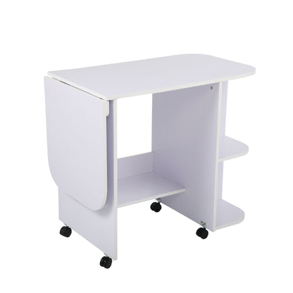 Modern Wood Folding Sewing Table with Lockable Casters, Expanded Rolling Craft Cabinet for Dorm Bedroom, Artwork Craft Station w/ 3 Storage Shelves, White