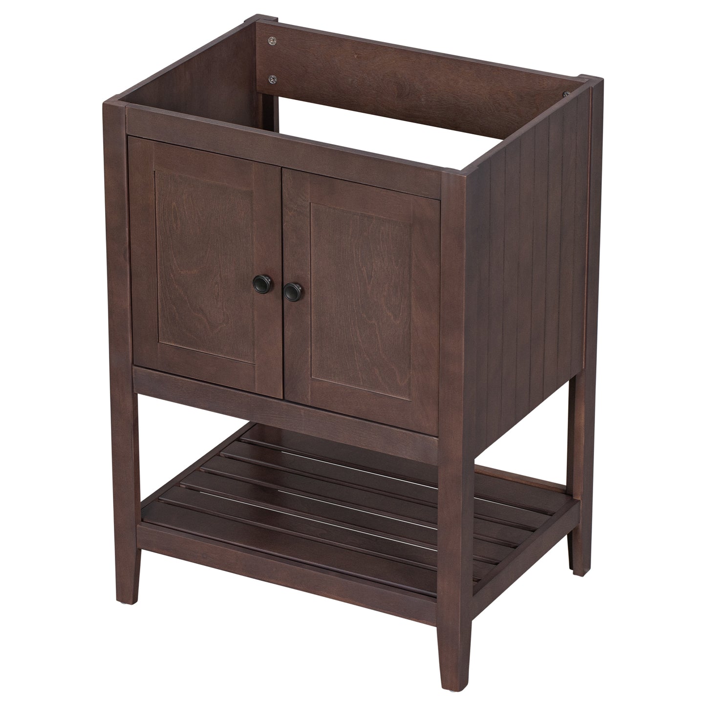 24" Bathroom Vanity Base Only, Soild Wood Frame, Bathroom Storage Cabinet with Doors and Open Shelf, Brown