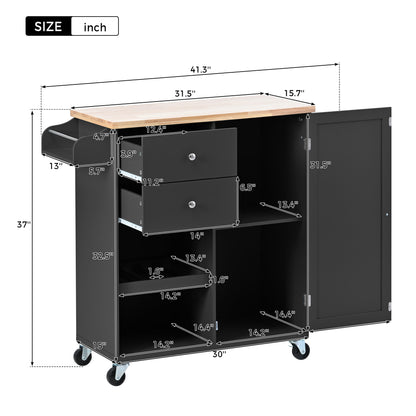 K&K Store Kitchen Cart with Spice Rack ,Towel Rack & Two Drawers,Rubber wood top,Kitchen Island with 4 Wheels for Dining Rooms Kitchens Living Rooms, Black