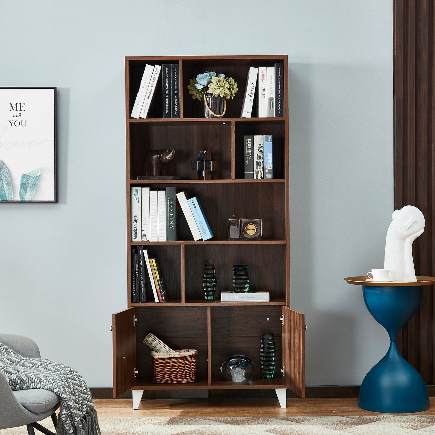 68" Bookcase with 2 Doors, Bookshelf, Walnut