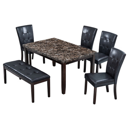 6-piece Faux Marble Dining Table Set  with one Faux Marble Dining Table ,4 Chairs and 1 Bench, Table: 66”x38”x 30”,Chair: 20.2”x28.5”x39”, Black