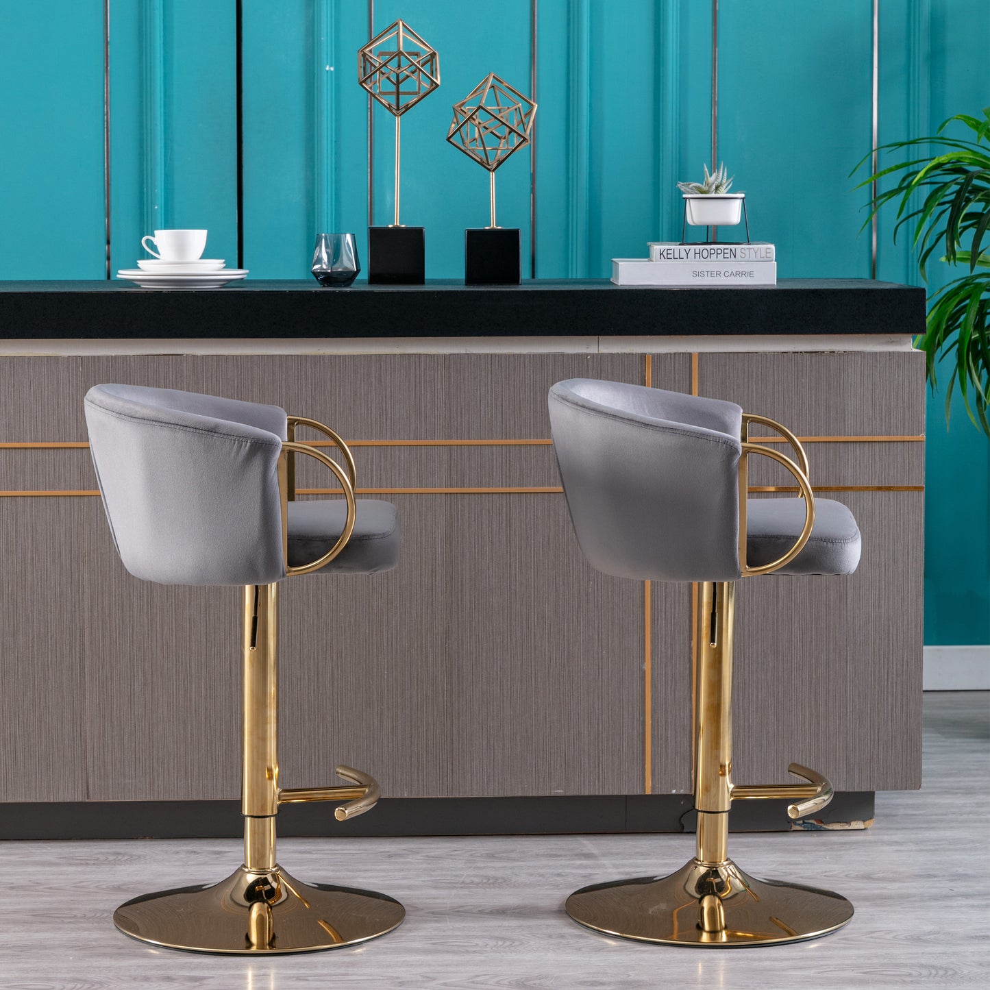 Set of 2  Bar Stools,with Chrome Footrest and Base Swivel Height Adjustable Mechanical Lifting Velvet + Golden Leg Simple Bar Stool-Grey