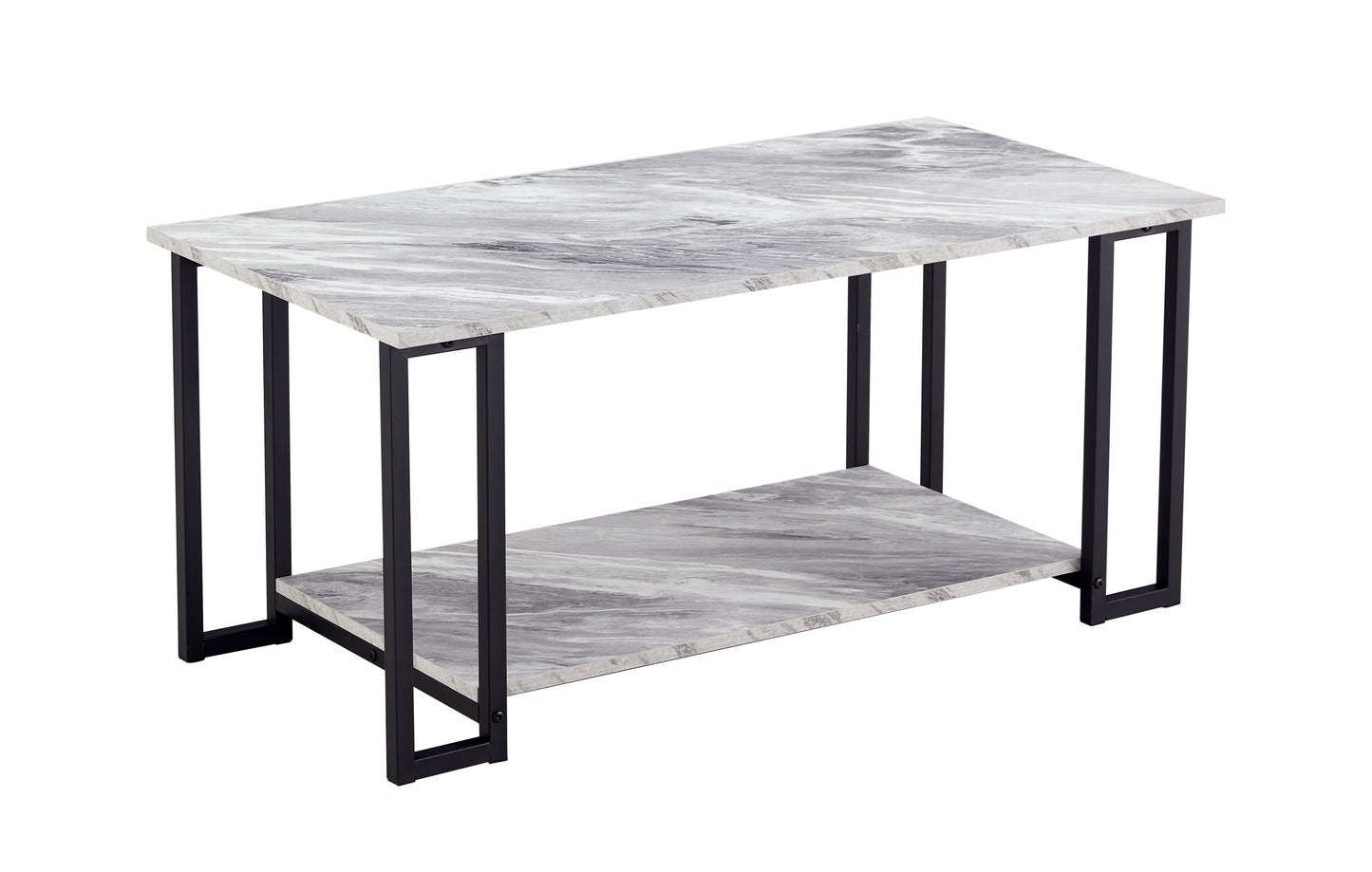 D&N Coffee Table, 2 Layers 1.5cm Thick Marble MDF Rectangle 39.37" L Tabletop Iron Coffee Table , Dining Room,  GREY Top, BLACK Leg