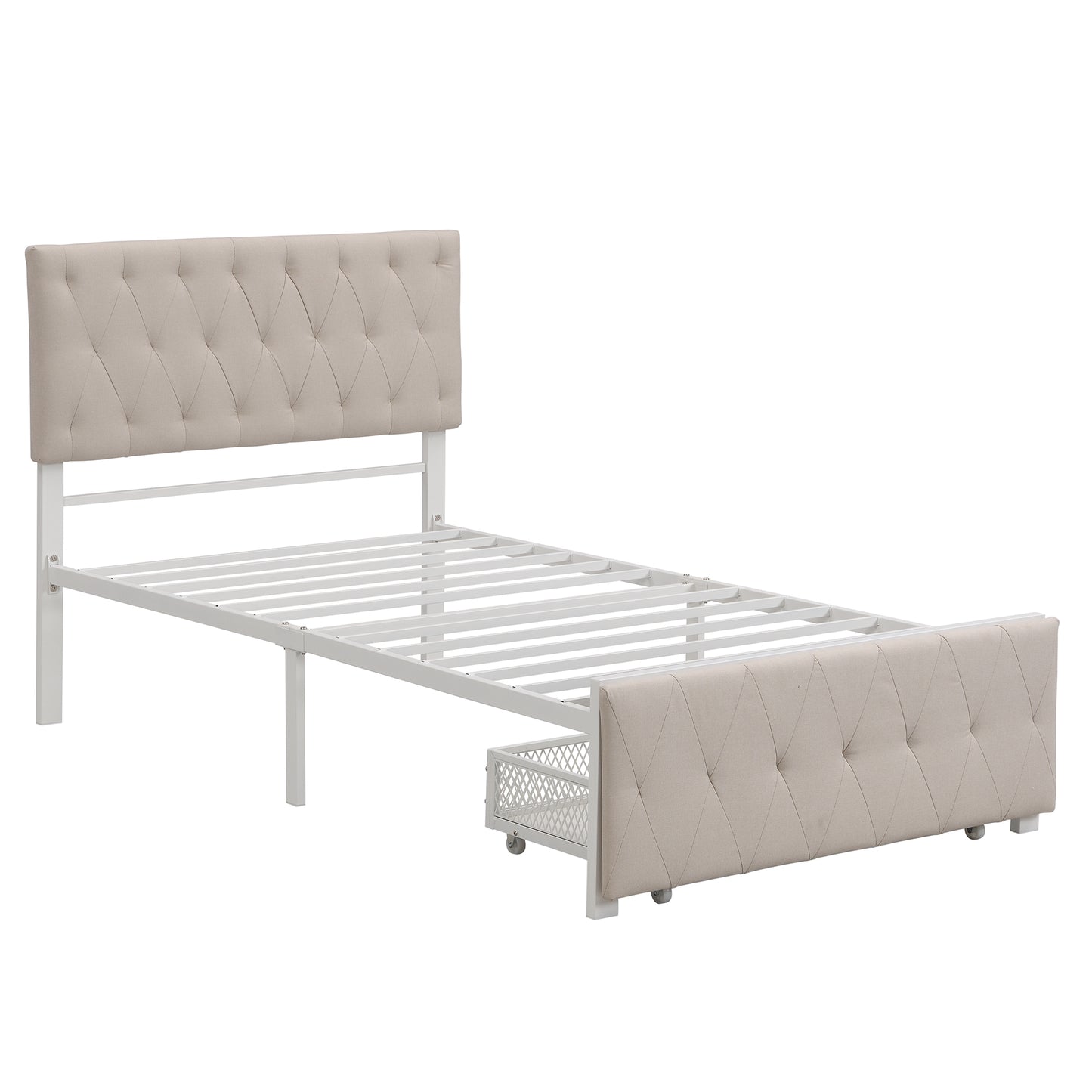 Twin Size Storage Bed Metal Platform Bed with a Big Drawer - Beige