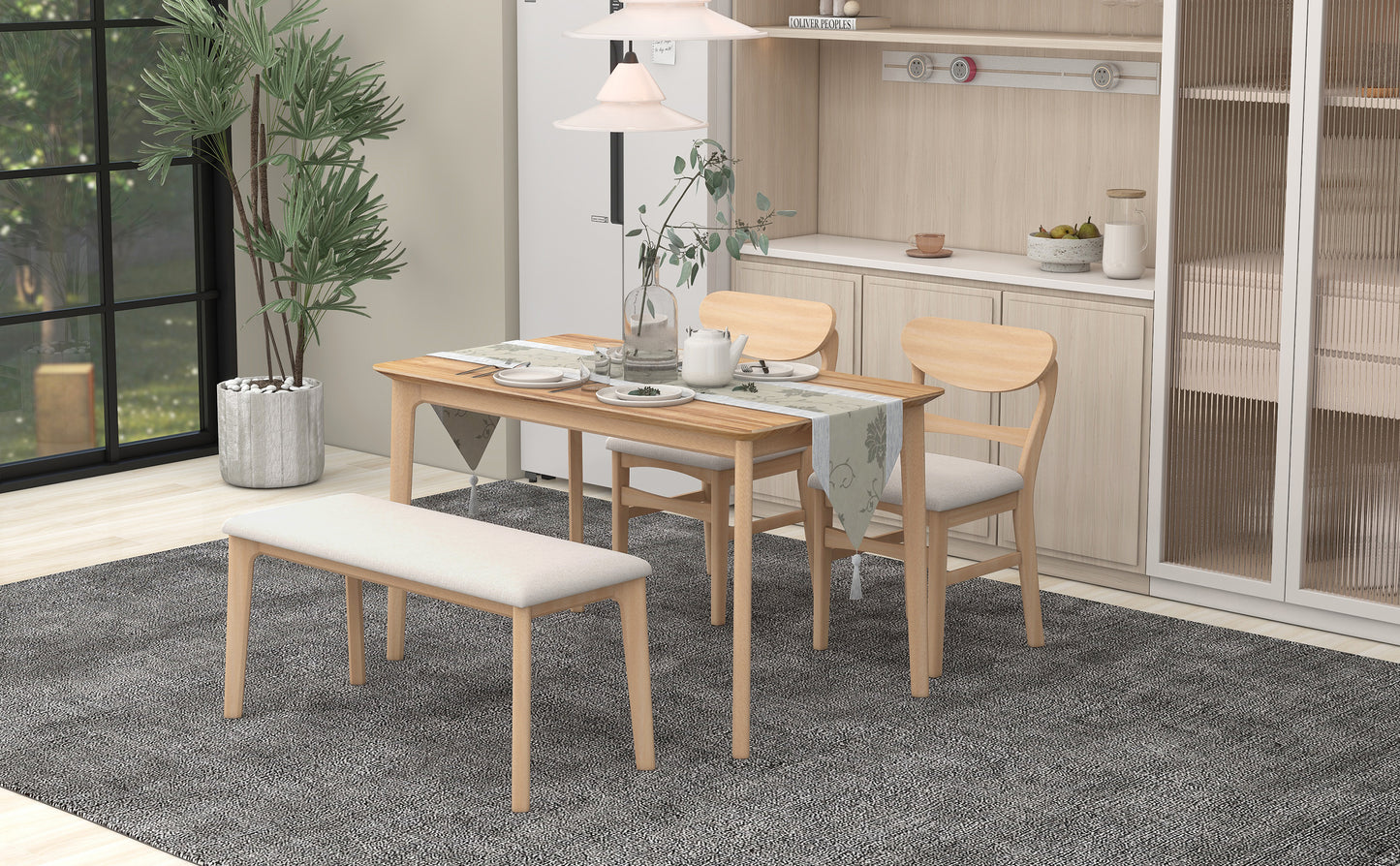 TREXM Dining Table Set for 4, Kitchen Table with 2 Chairs and 1 Bench, Solid Wood Frame and Soft Cushion for Small Space, Dining Room, Office (Natural Wood Wash)