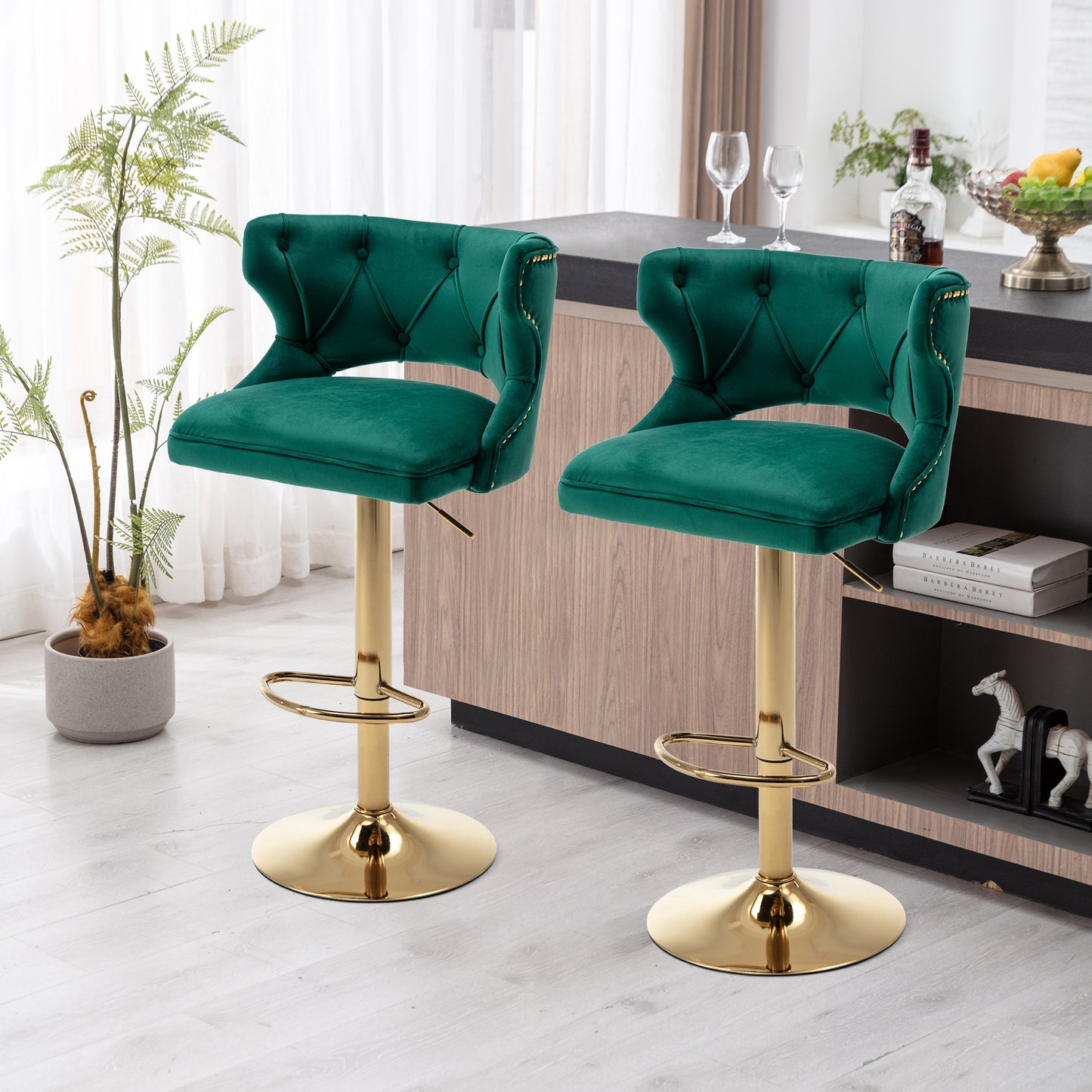 Bar Stools With Back and Footrest Counter Height Dining Chairs-Velvet Green-2PCS/SET