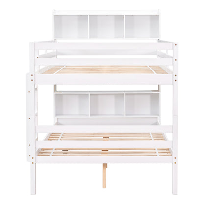 Full Over Full Bunk Beds with Bookcase Headboard, Solid Wood Bed Frame with Safety Rail and Ladder, Kids/Teens Bedroom, Guest Room Furniture, Can Be converted into 2 Beds, White