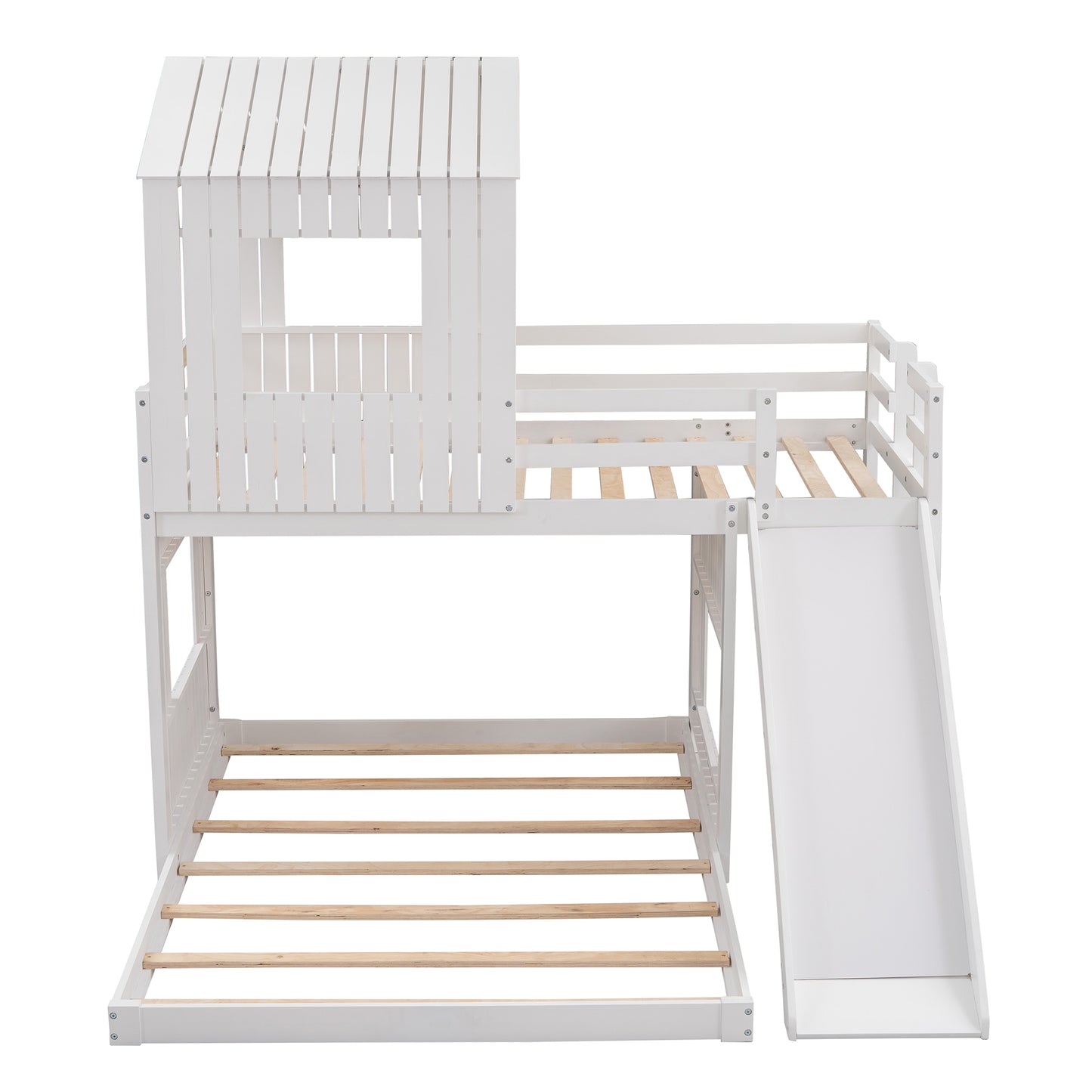 Wooden Twin Over Full Bunk Bed, Loft Bed with Playhouse, Farmhouse, Ladder, Slide and Guardrails, White(OLD SKU :LP000028AAK)