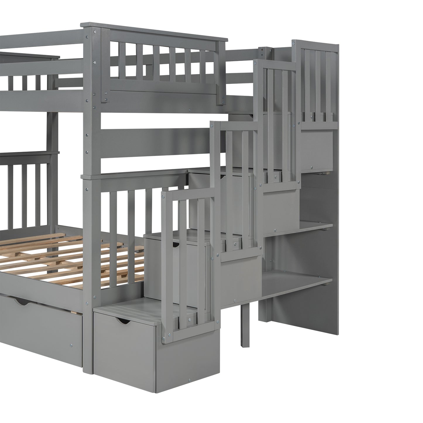 Full Over Full Bunk Bed with Shelves and 6 Storage Drawers, Gray(Old SKU：LP000046AAE)