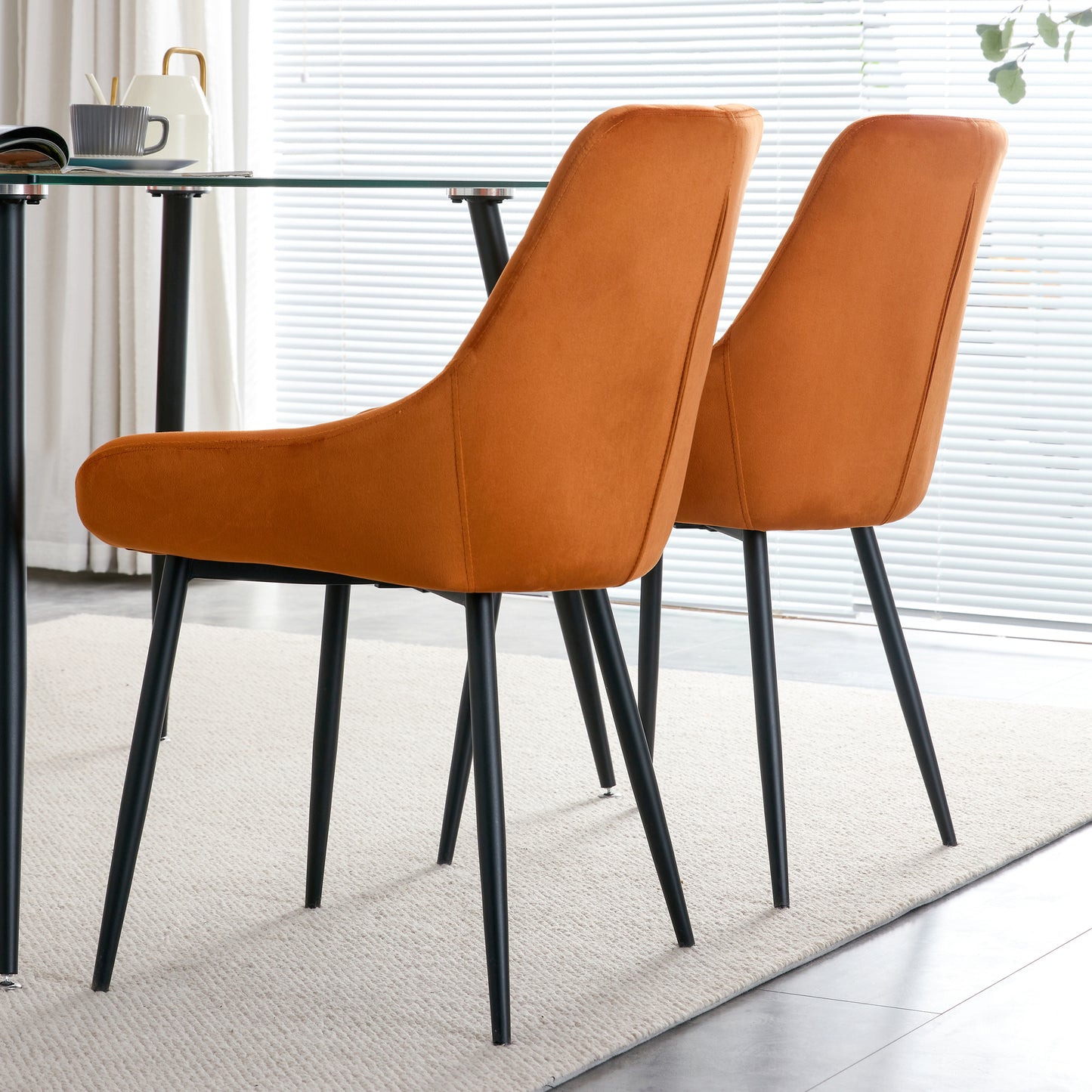 Kitchen Dining Room Metal legs Glass Table Set with 4 pcs orange velvet fabric dining chairs