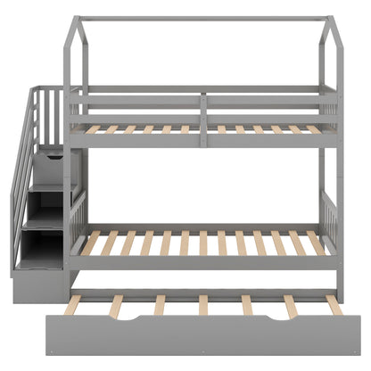 Multifunctional Twin over Twin House Bunk Bed with Staircase and Storage Space,Gray