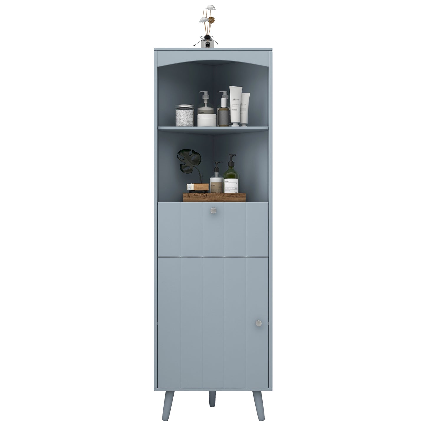 Gray Triangle Elegant Corner Cabinet with Open Shelves, MDF Board, Anti-toppling Device, Painting Surface, Large Storage Space for Limited Space