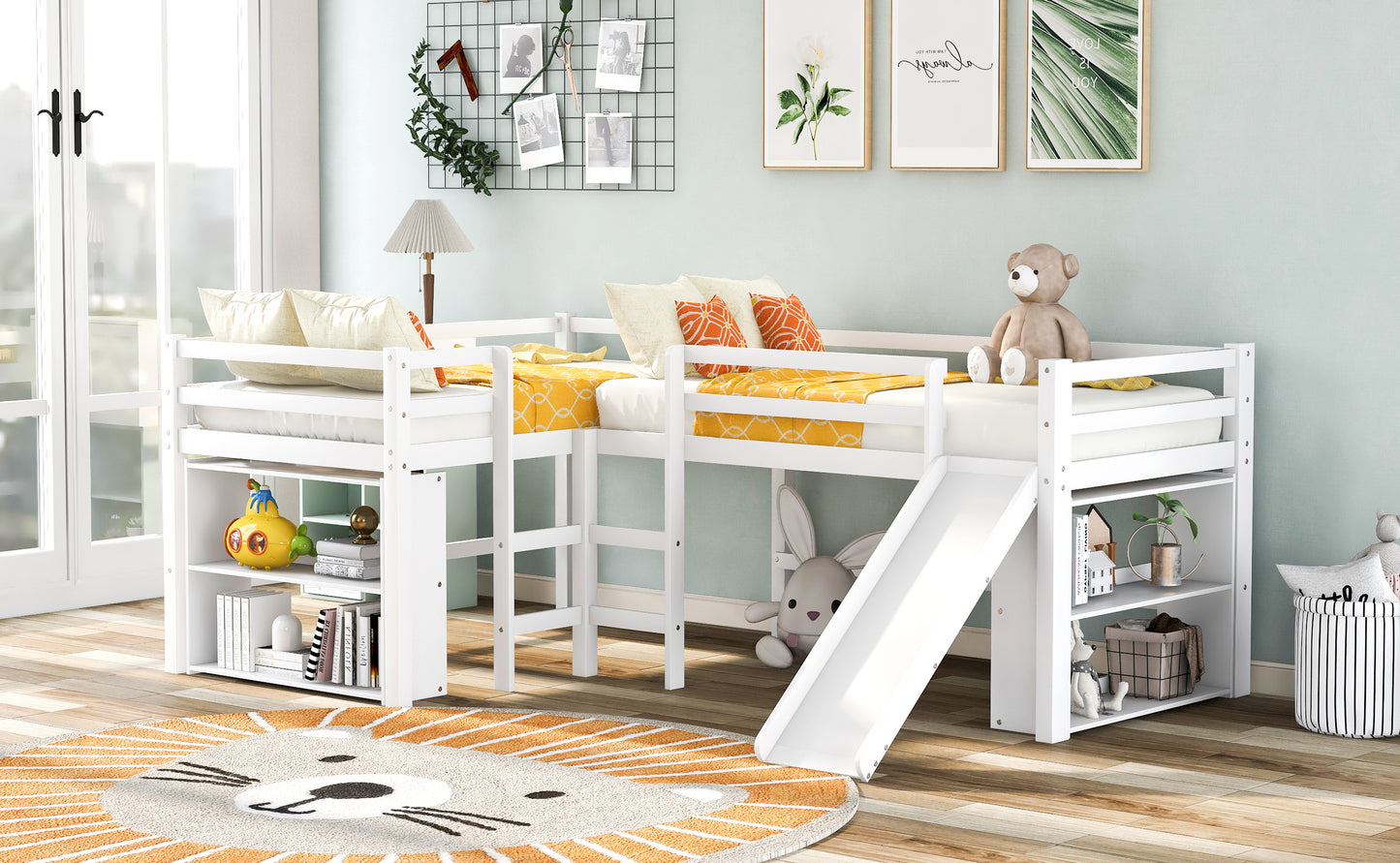 Twin Size L-Shaped Loft Bed with Movable Two-Tier Shelves and Slide,White