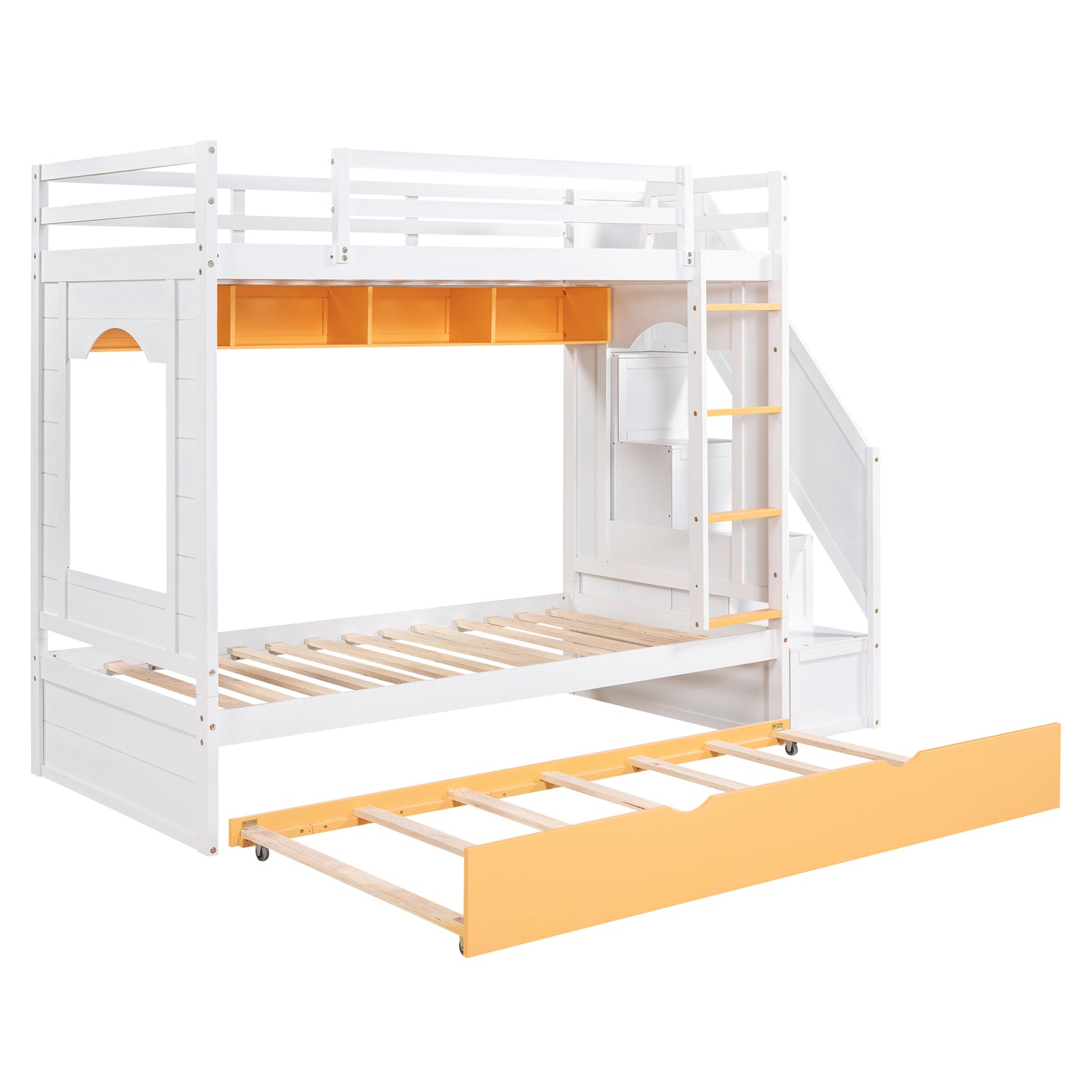 Twin Over Twin Bunk Bed with Trundle ,Stairs,Ladders Solid Wood Bunk bed with Storage Cabinet （White + Yellow）