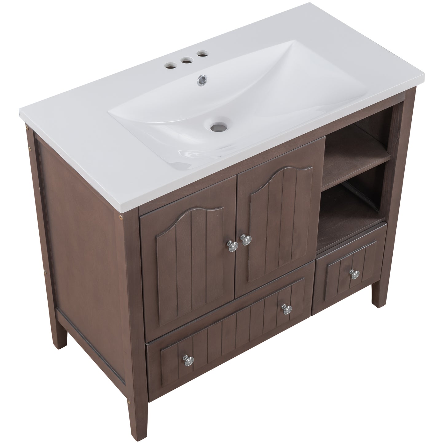 [VIDEO] 36" Bathroom Vanity with Ceramic Basin, Bathroom Storage Cabinet with Two Doors and Drawers, Solid Frame, Metal Handles, Brown