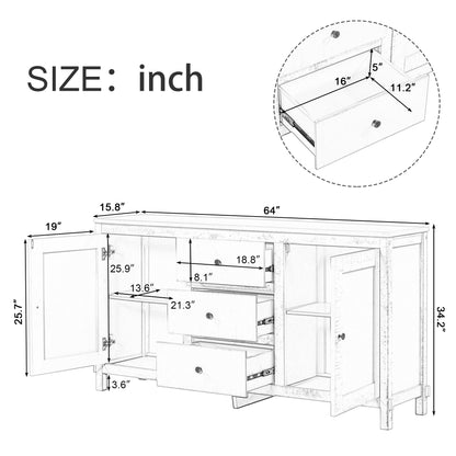 TREXM Retro Solid Wood Buffet Cabinet with 2 Storage Cabinets, Adjustable Shelves and 3 Drawers for Living Room (Antique White)