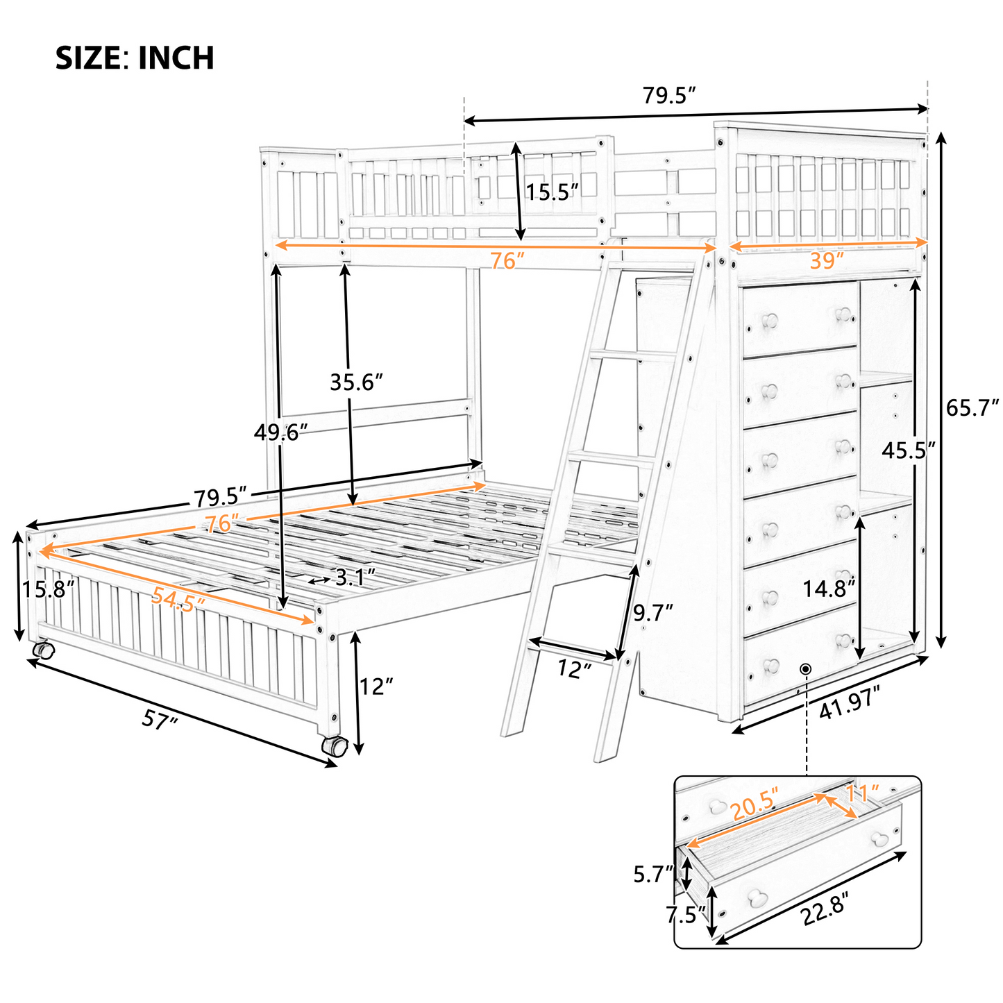 Wooden Twin Over Full Bunk Bed With Six Drawers And Flexible Shelves,Bottom Bed With Wheels,White(OLD SKU:LP000531AAK)